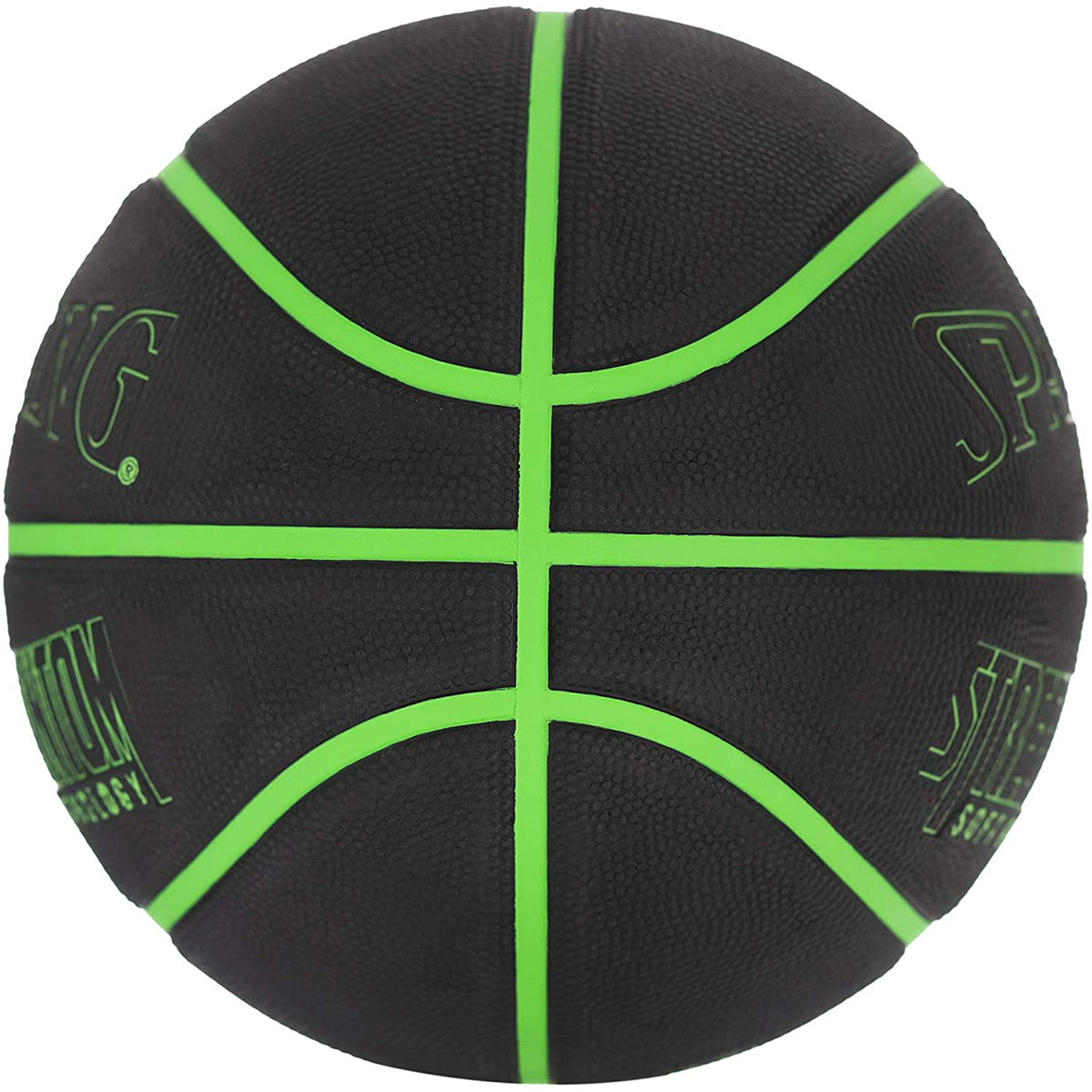 Black basketball with green lines on a white background