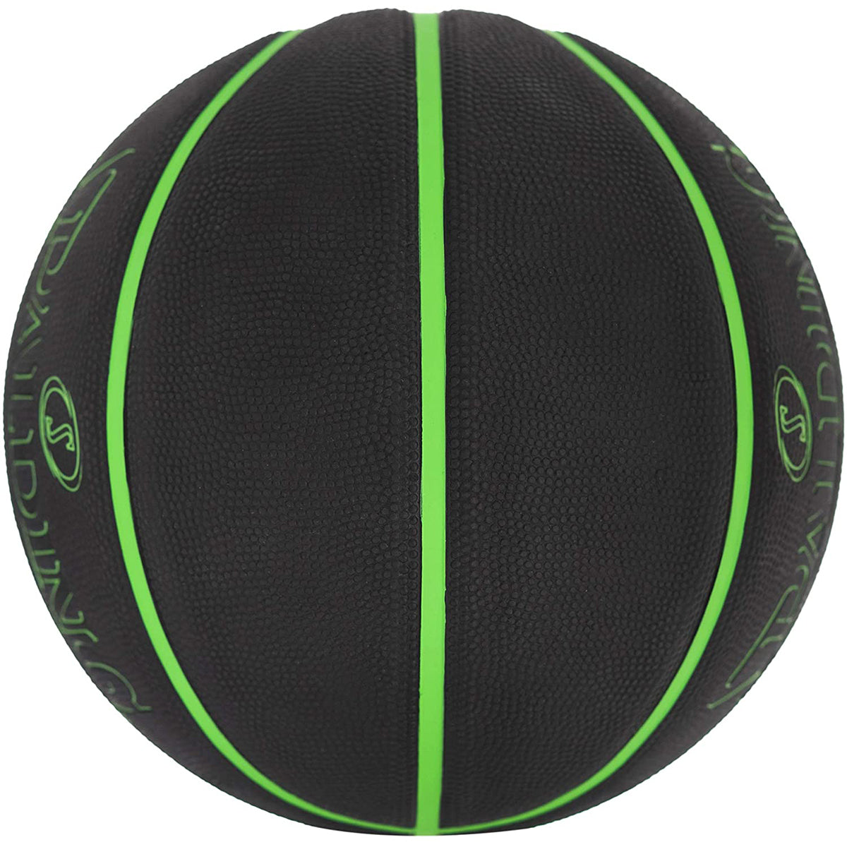 Black basketball with green lines on a white background