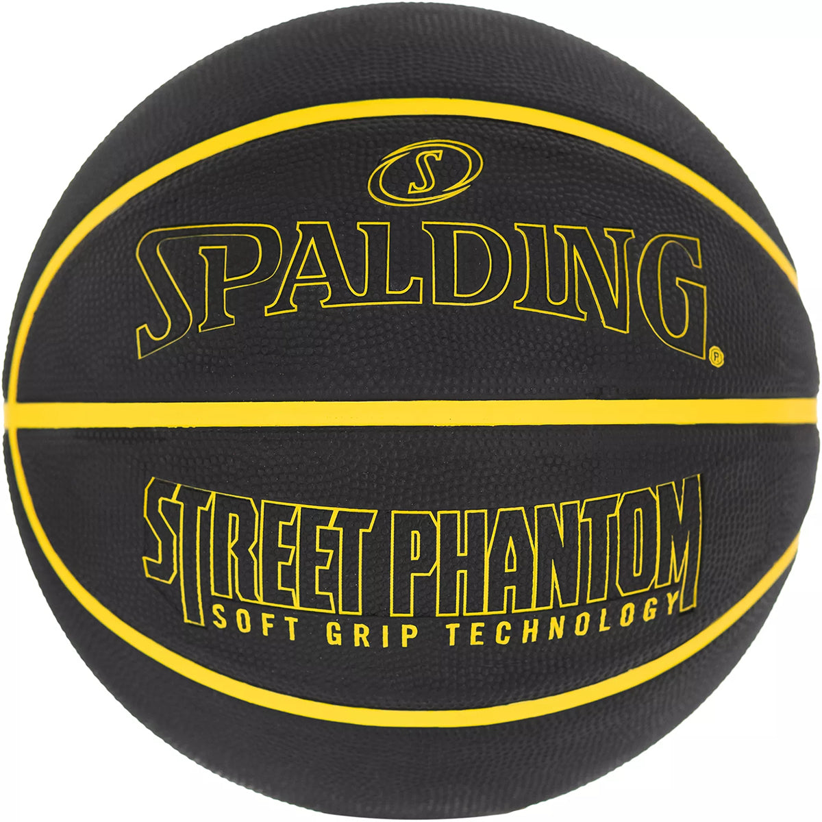 Black basketball with yellow text and Spalding logo on a white background