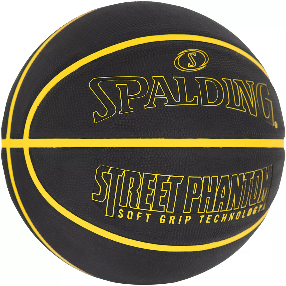 Black basketball with yellow text and Spalding logo on a white background