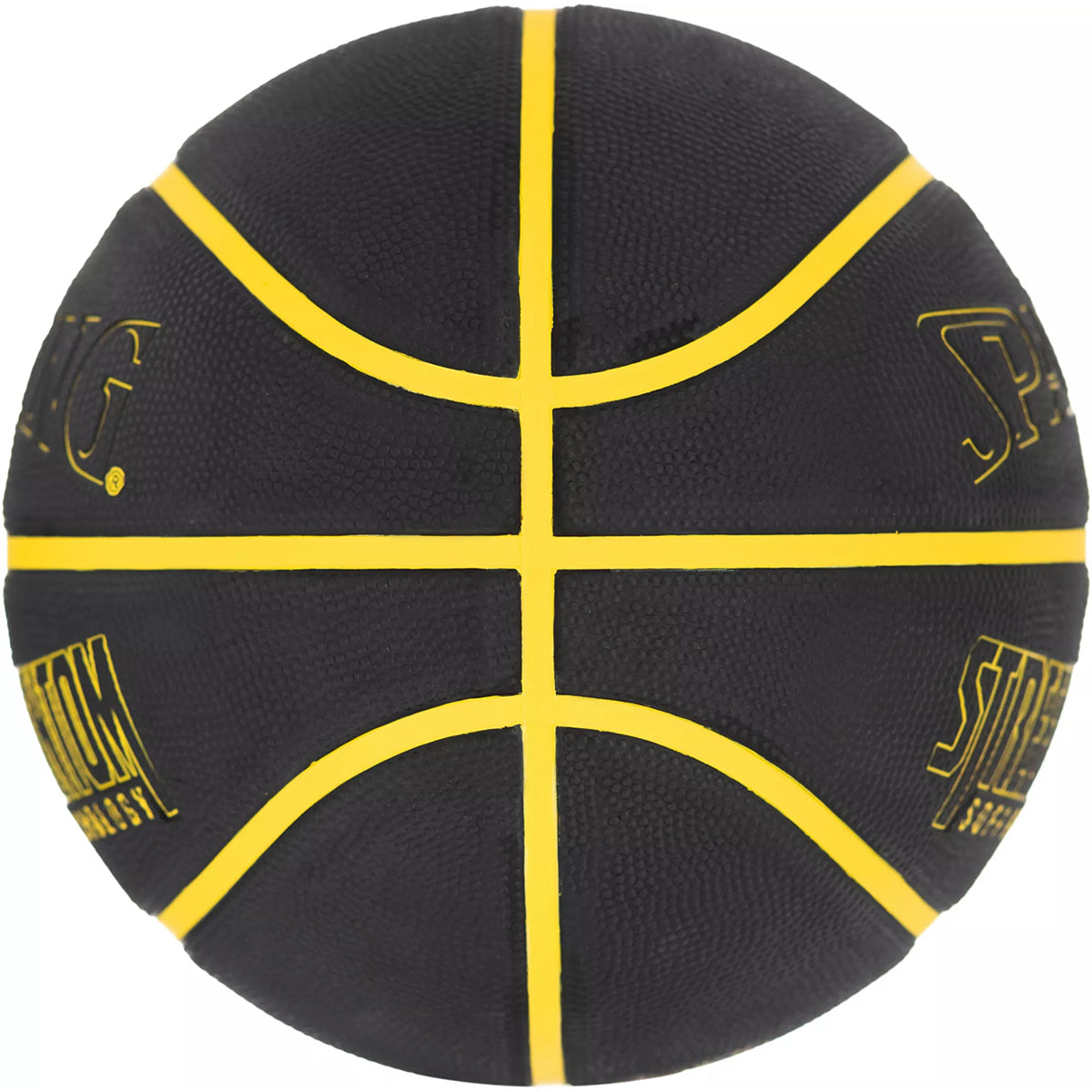 Black basketball with yellow stitching on a white background