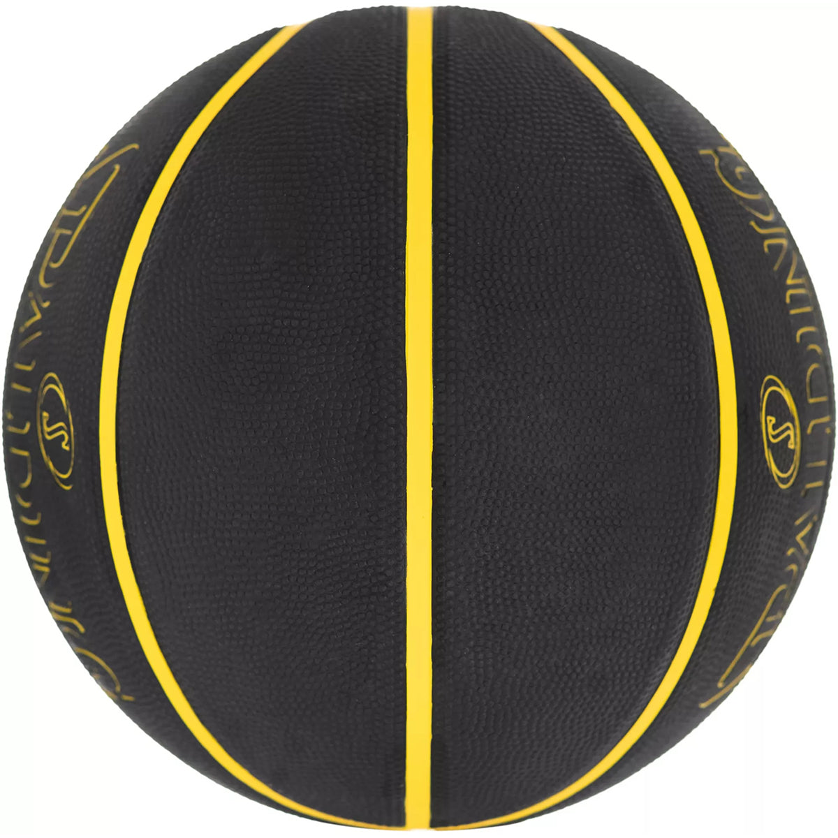 Black basketball with yellow stitching on a white background