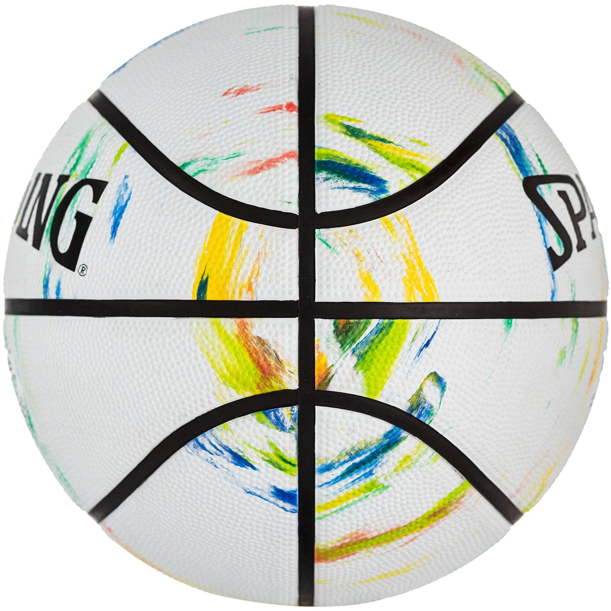 Colorful basketball with black text on a white background