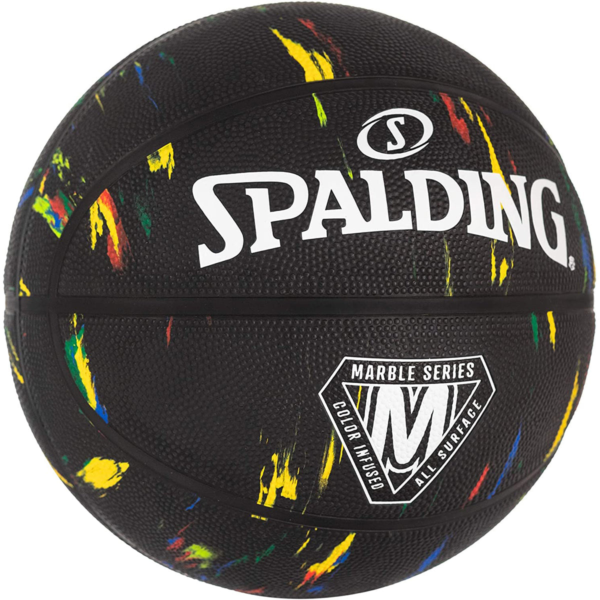 Black basketball with colorful splatter design and Spalding logo on a white background