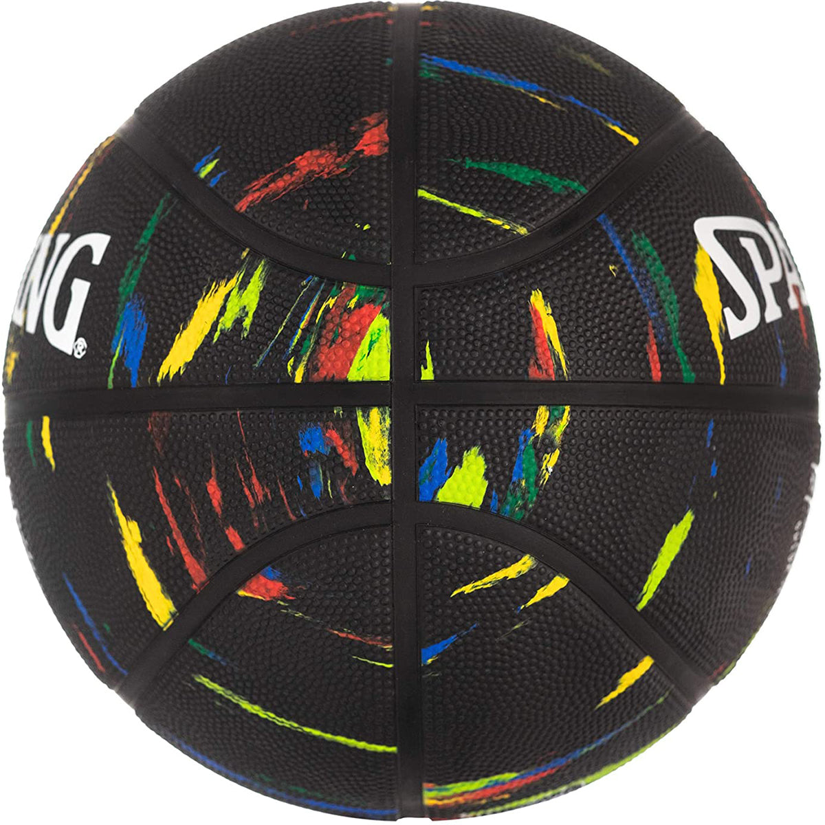 Black basketball with colorful splatter design on a white background