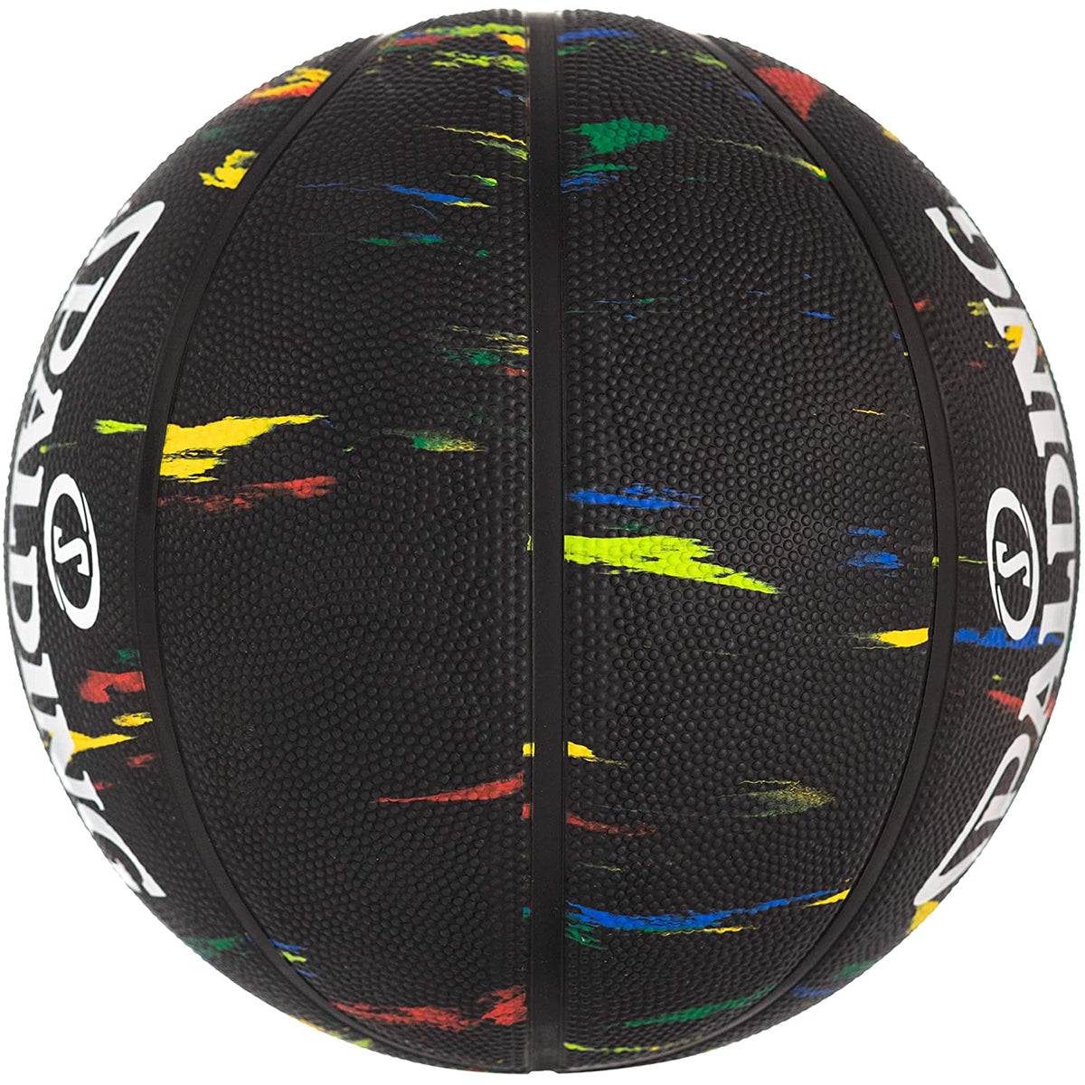 Black basketball with colorful abstract pattern on a white background