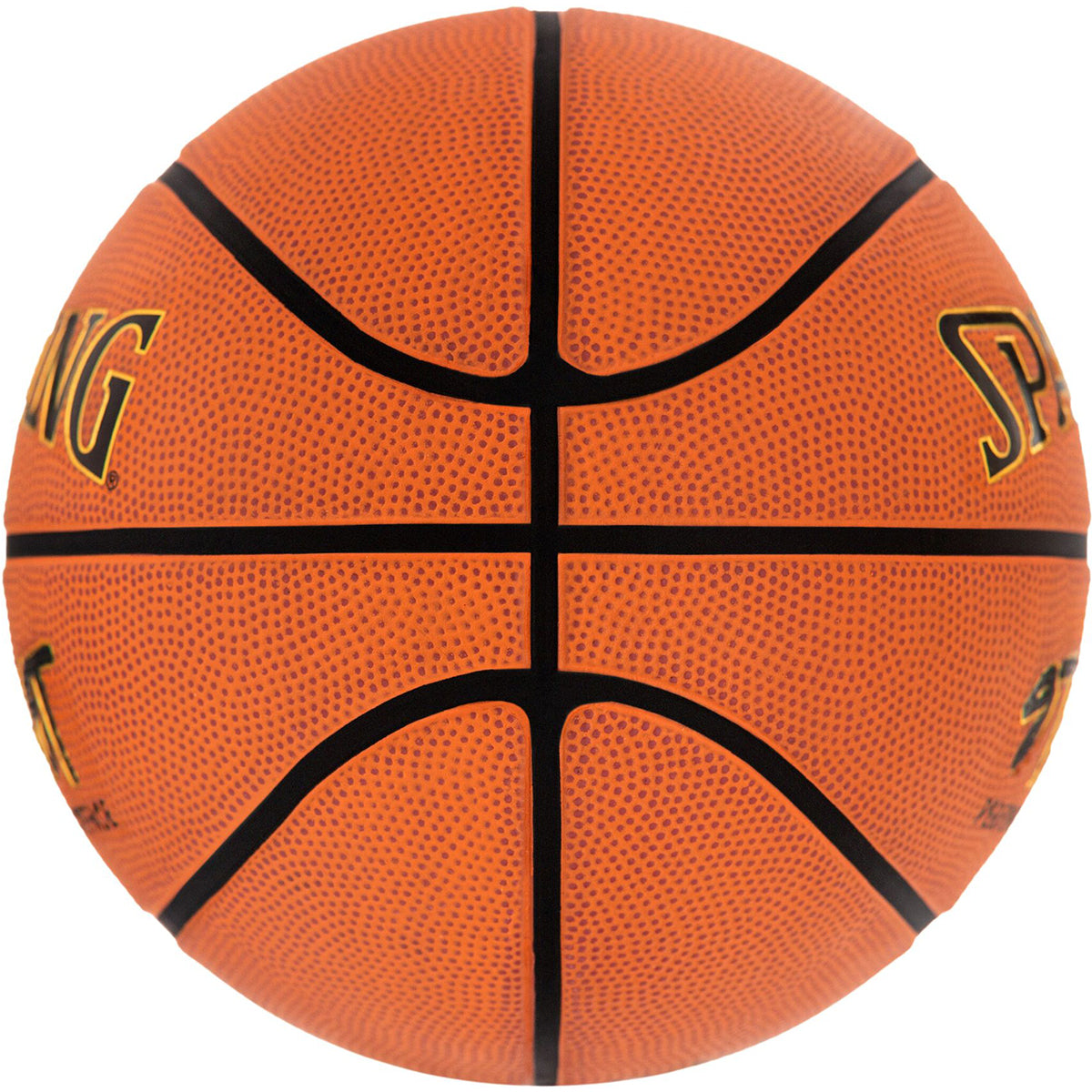 Orange basketball with black text and lines on a white background