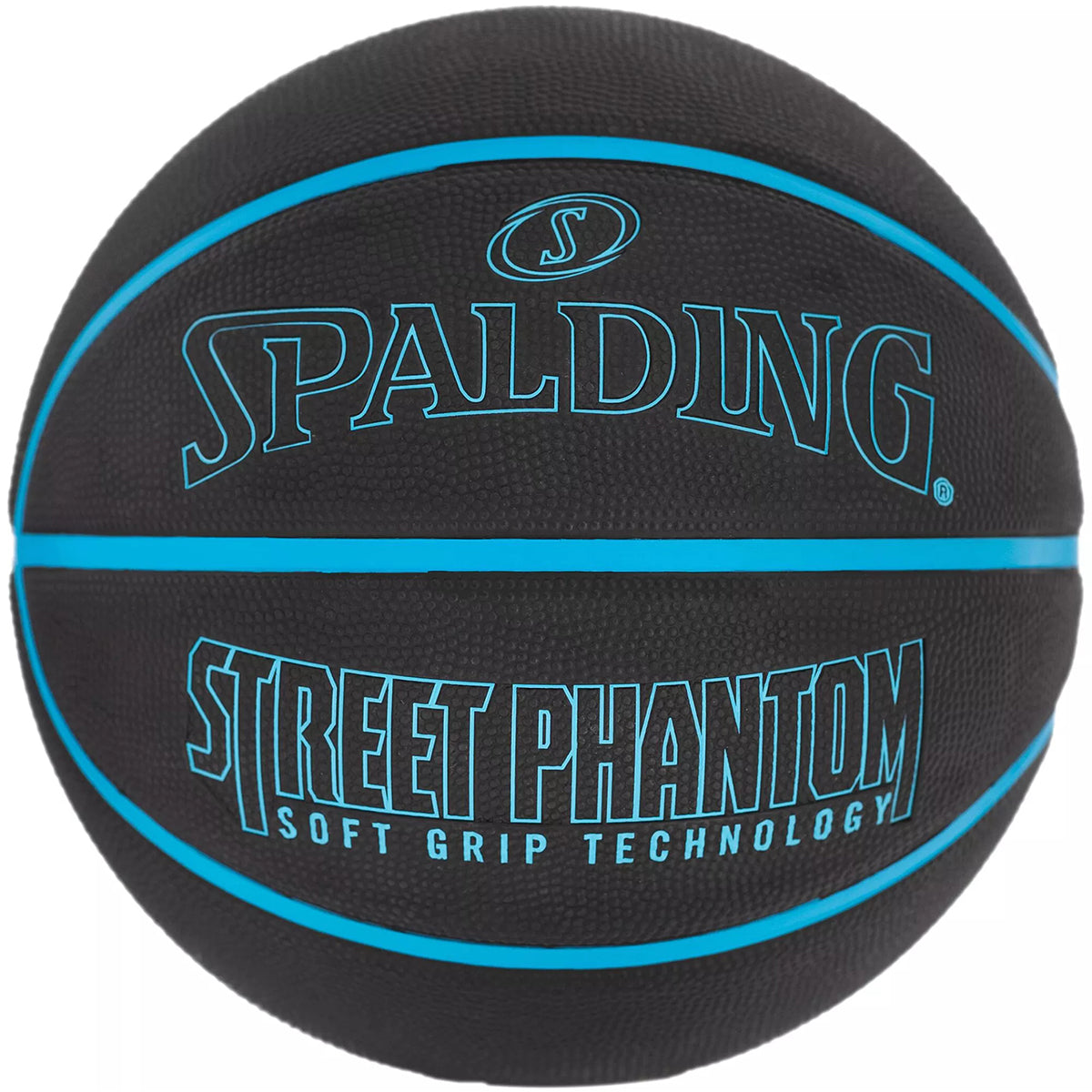 Black basketball with blue text and Spalding logo on a white background
