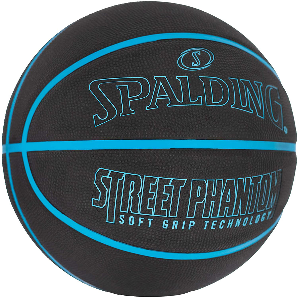 Black basketball with blue text and Spalding logo on a white background