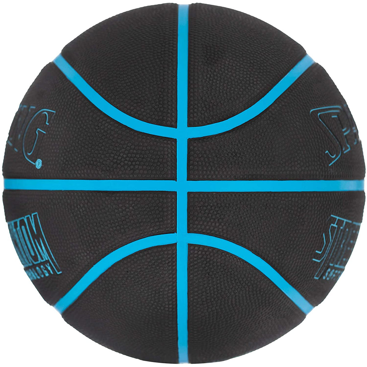 Black basketball with blue lines on a white background