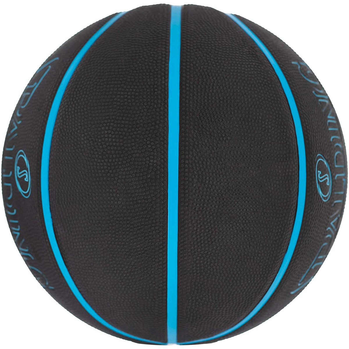 Black basketball with blue lines on a white background