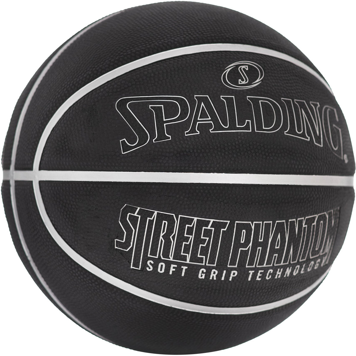 Black basketball with 'Spalding' and 'Street Phantom' text on a white background