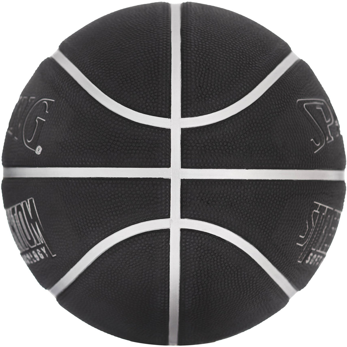 Black basketball with white stitching on a white background
