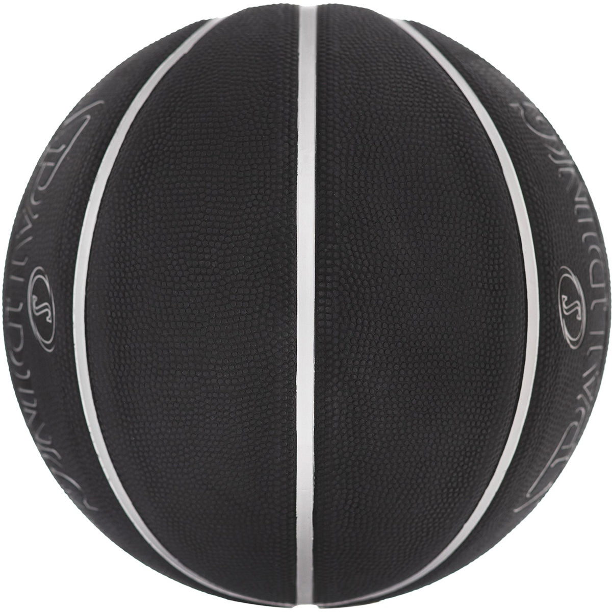 Black basketball with white stripes on a white background