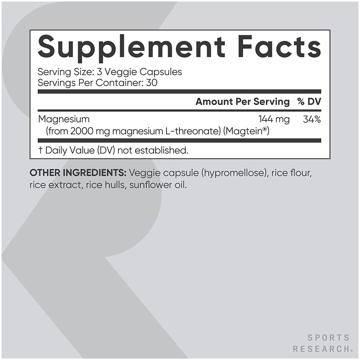 Sports Research Magnesium L - Threonate Dietary Supplement - 90 Veggie Capsules - Forza Sports
