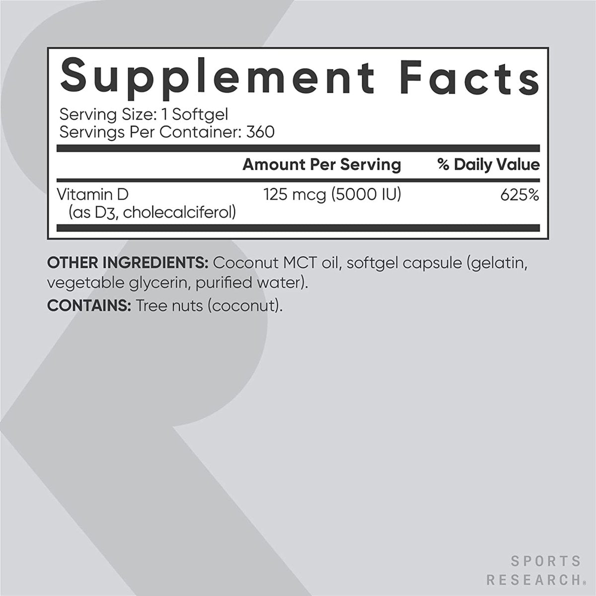 Sports Research Vitamin D3 with Coconut MCT Oil - 360 Softgels - Forza Sports