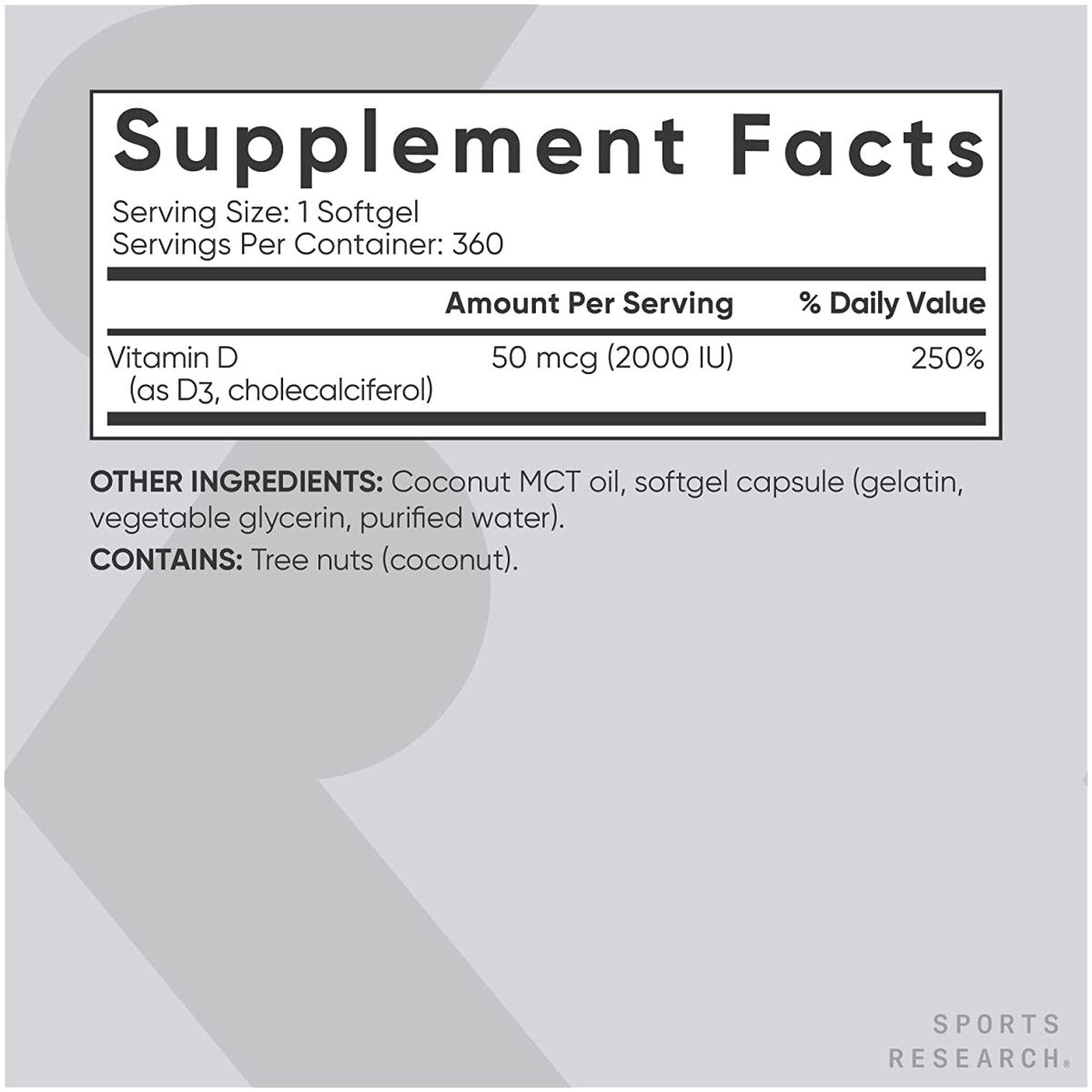 Sports Research Vitamin D3 with Coconut MCT Oil Dietary Supplement - 360 Softgels - Forza Sports