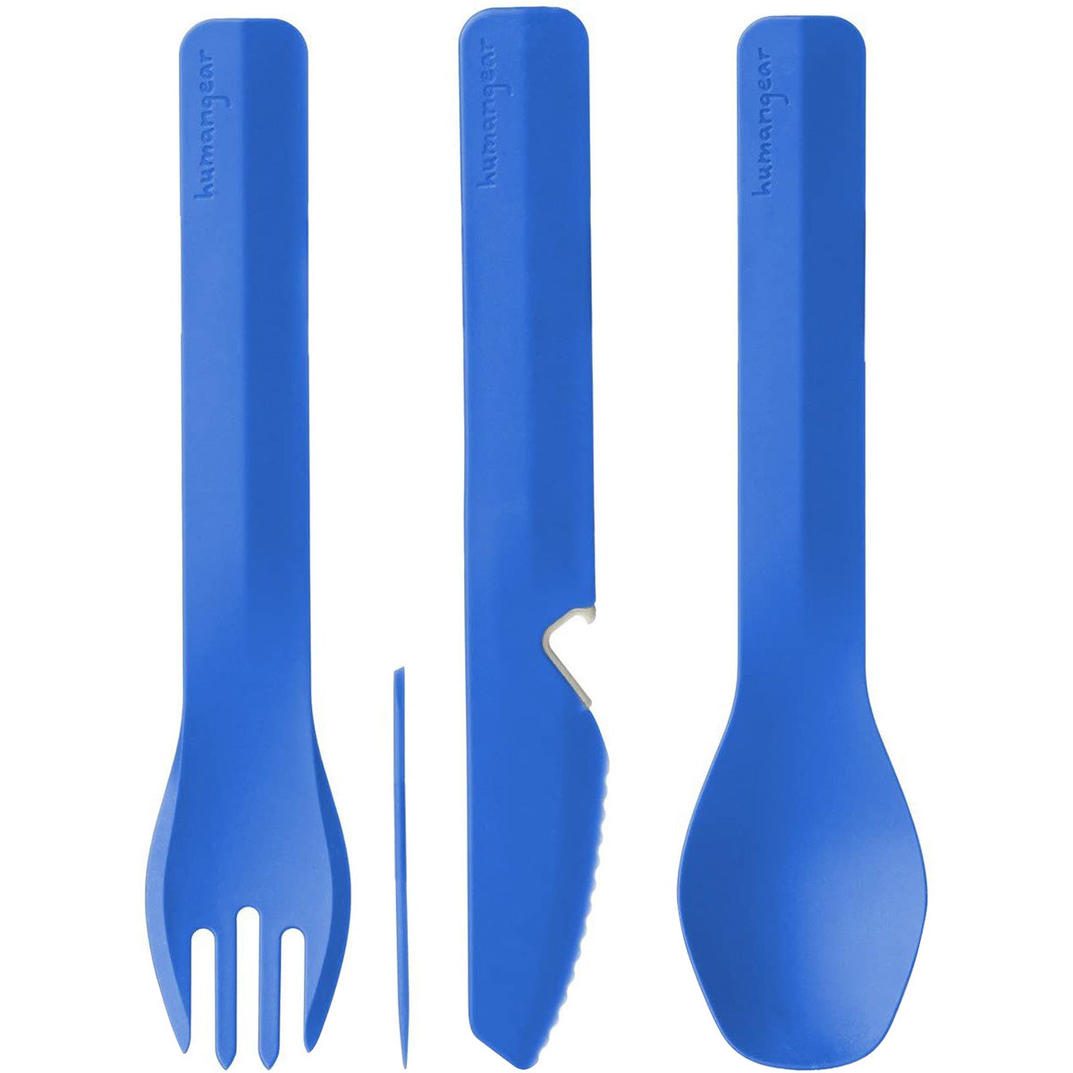 Set of blue cutlery including fork, knife, and spoon on a white background