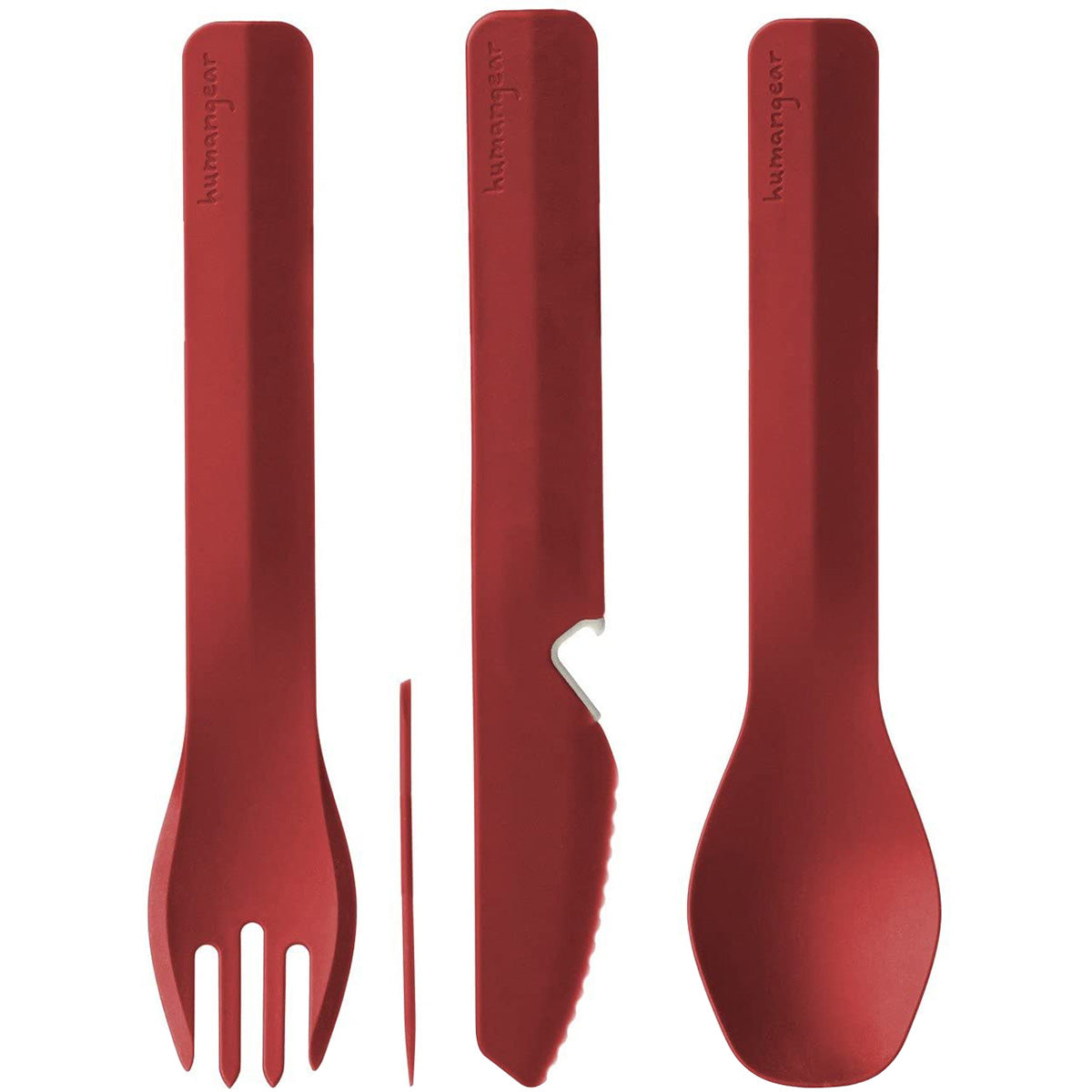 Red cutlery set with fork, knife, and spoon on a white background