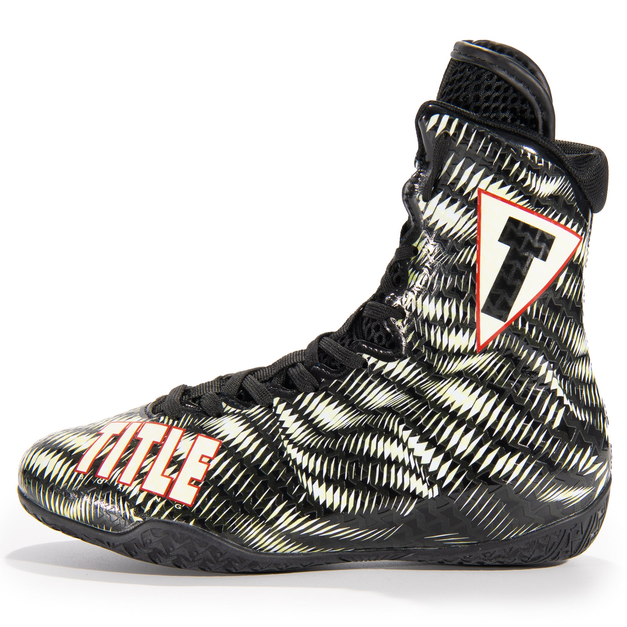 Black and white boxing shoe with 'Title' branding on a white background