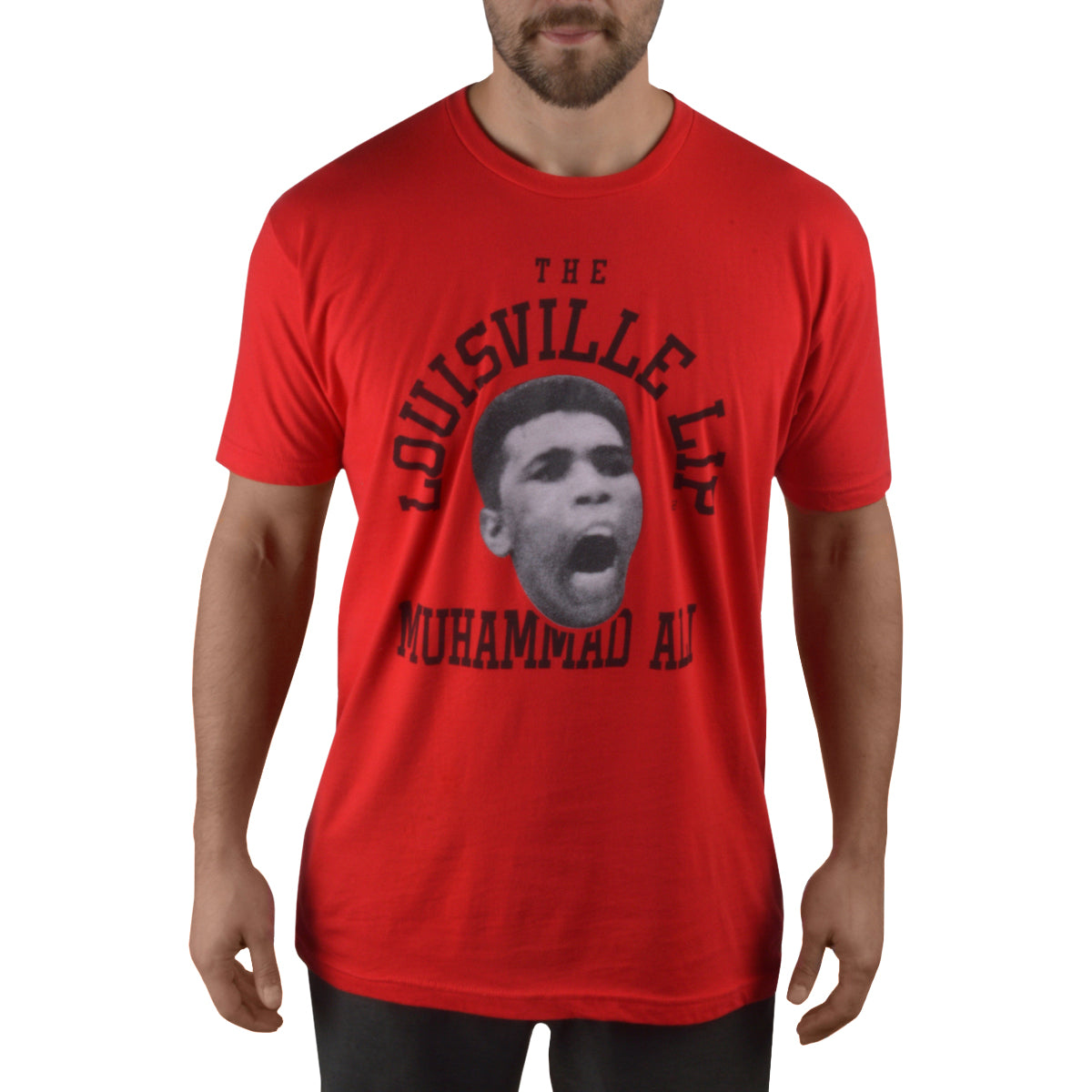 Red t-shirt with a graphic of Muhammad Ali on a white background