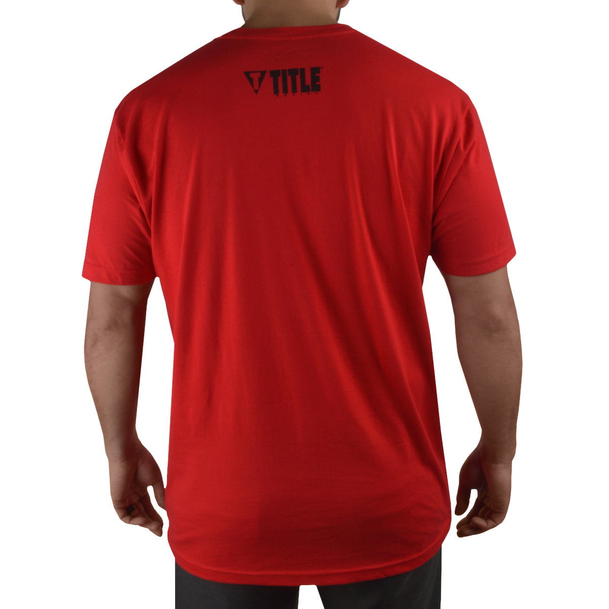 Red t-shirt with 'Title' logo on the back, worn by a person