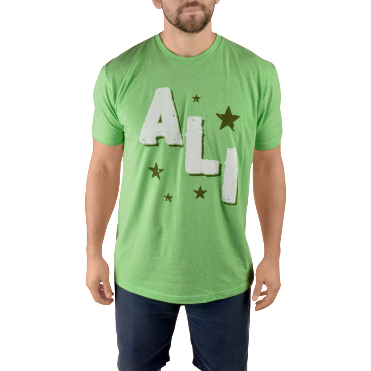 Person wearing a green t-shirt with 'ALI' printed on it against a white background