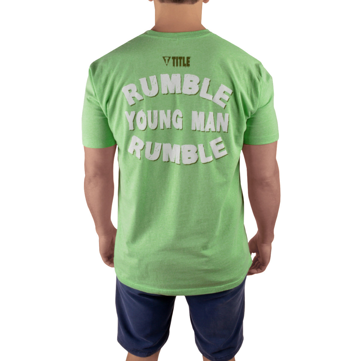 Green t-shirt with text on the back worn by a person, on a white background