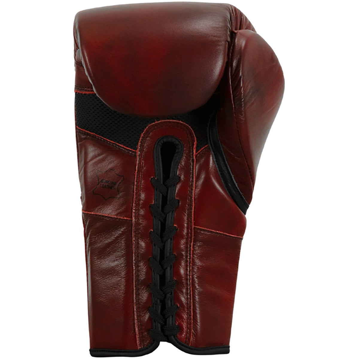Brown leather boxing glove with black laces on a white background
