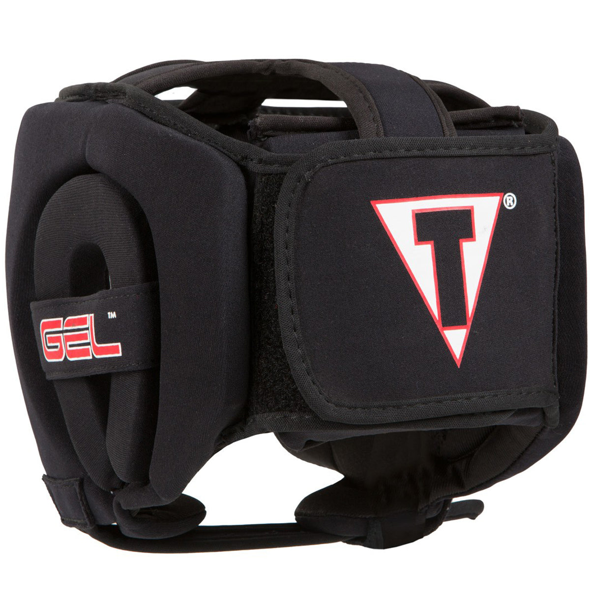 Black protective gear with a red logo on a white background