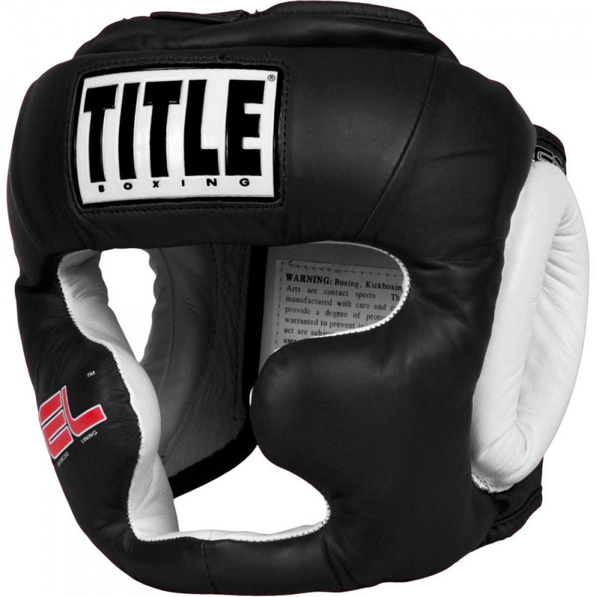 Black boxing headgear with white accents and 'Title Boxing' branding on a white background