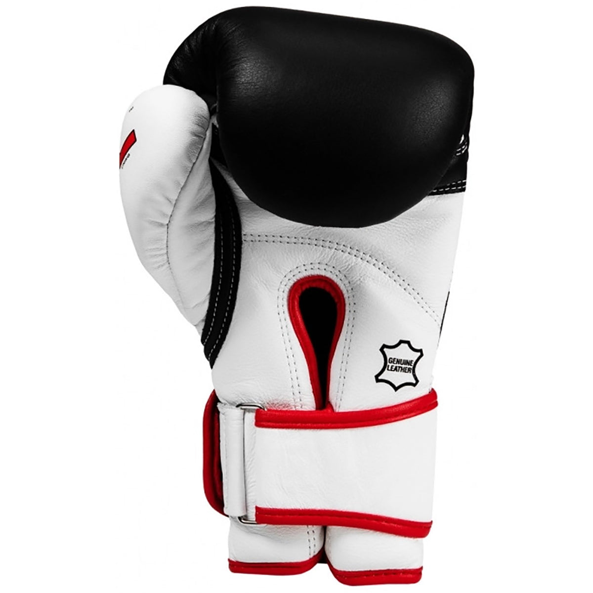 White boxing glove with black and red accents on a white background