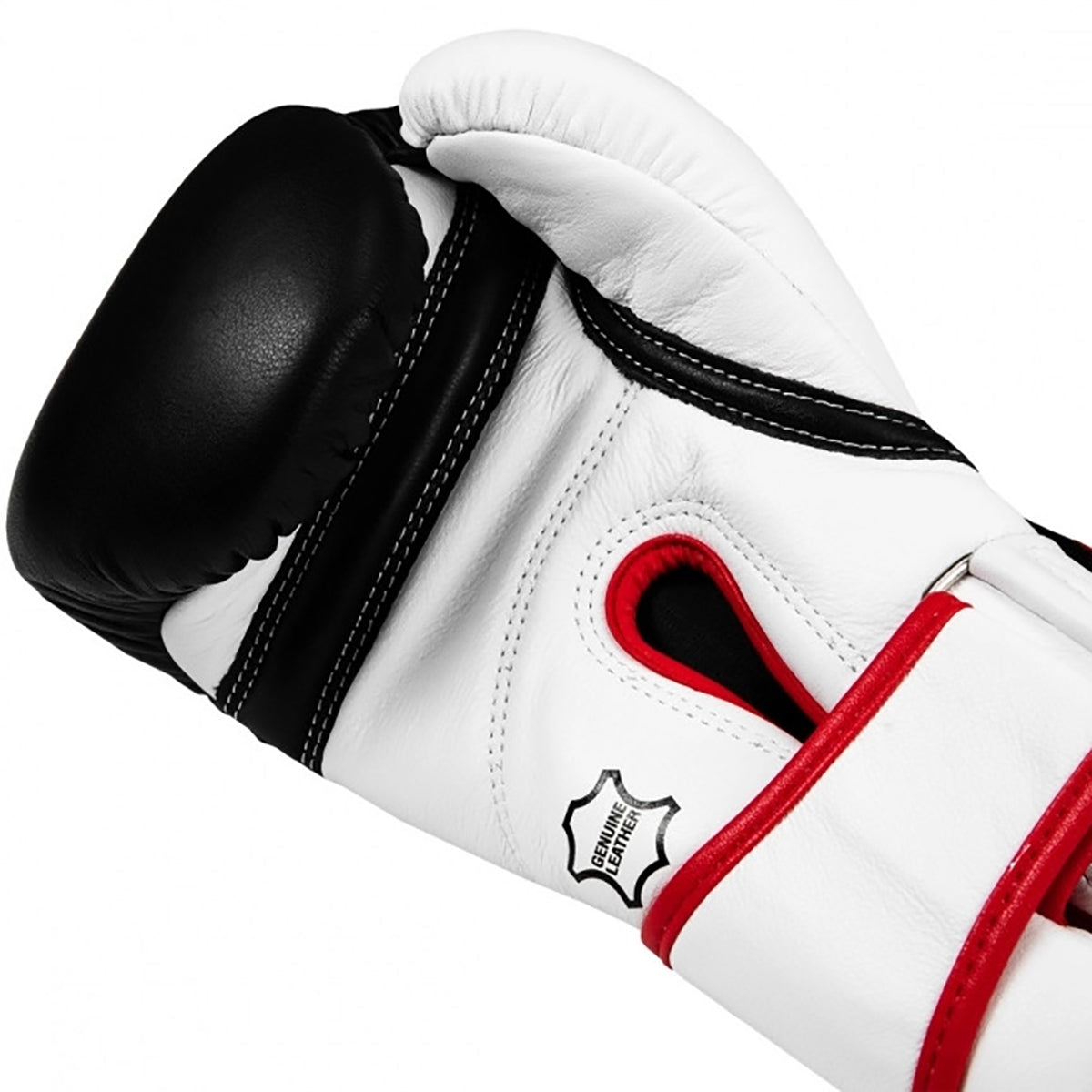 Close-up of a white boxing glove with black and red accents on a white background