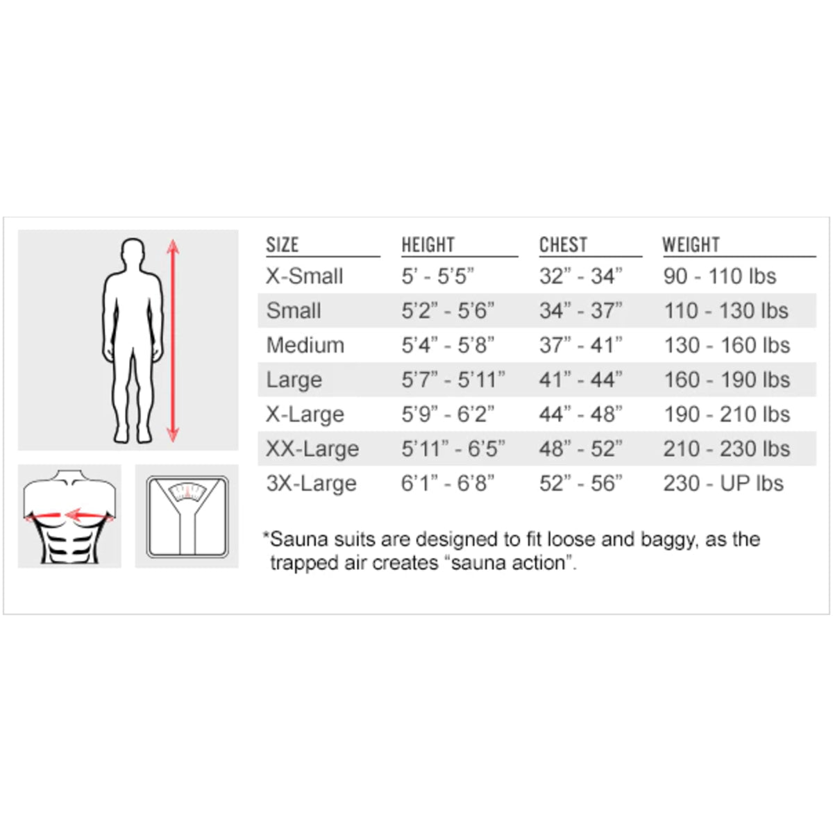Title Boxing Rip-Stop Nylon and PVC Rubber Lined Sauna Suit With Hood - Black - Size Chart