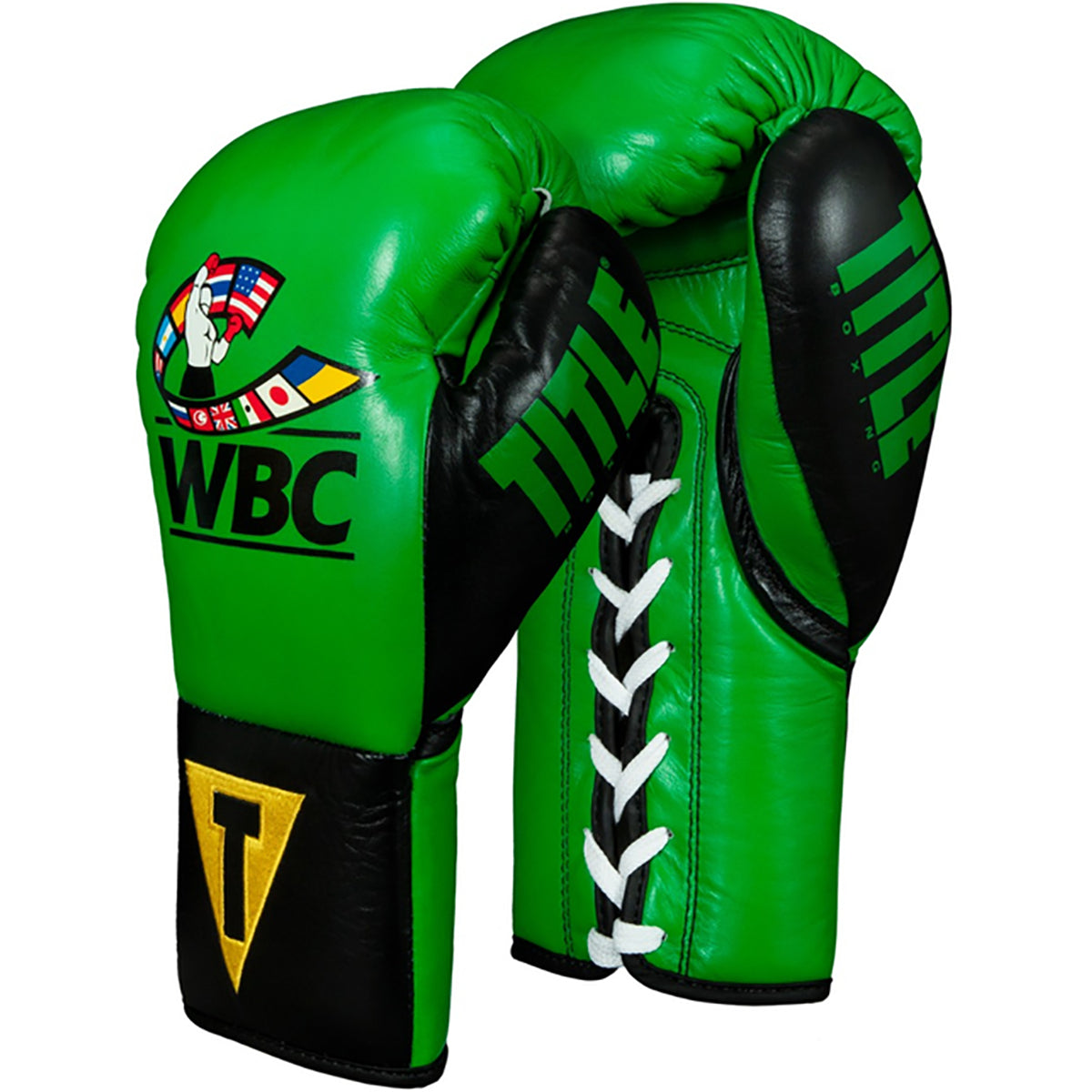 Green boxing gloves with WBC and other logos on a white background