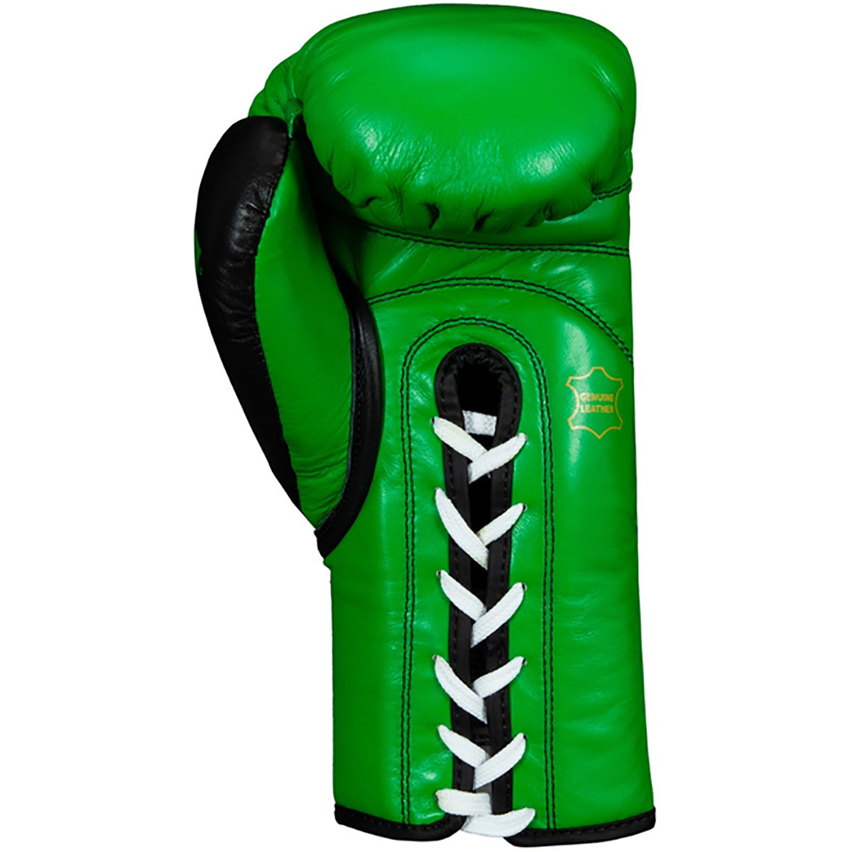 Green boxing glove with black and white laces on a white background