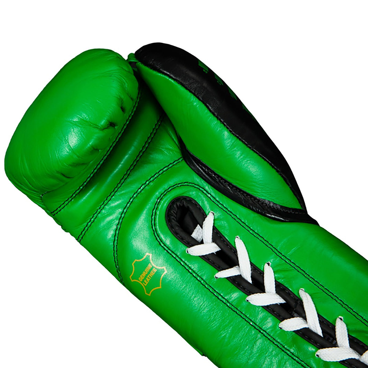 Green leather glove with white stitching on a white background