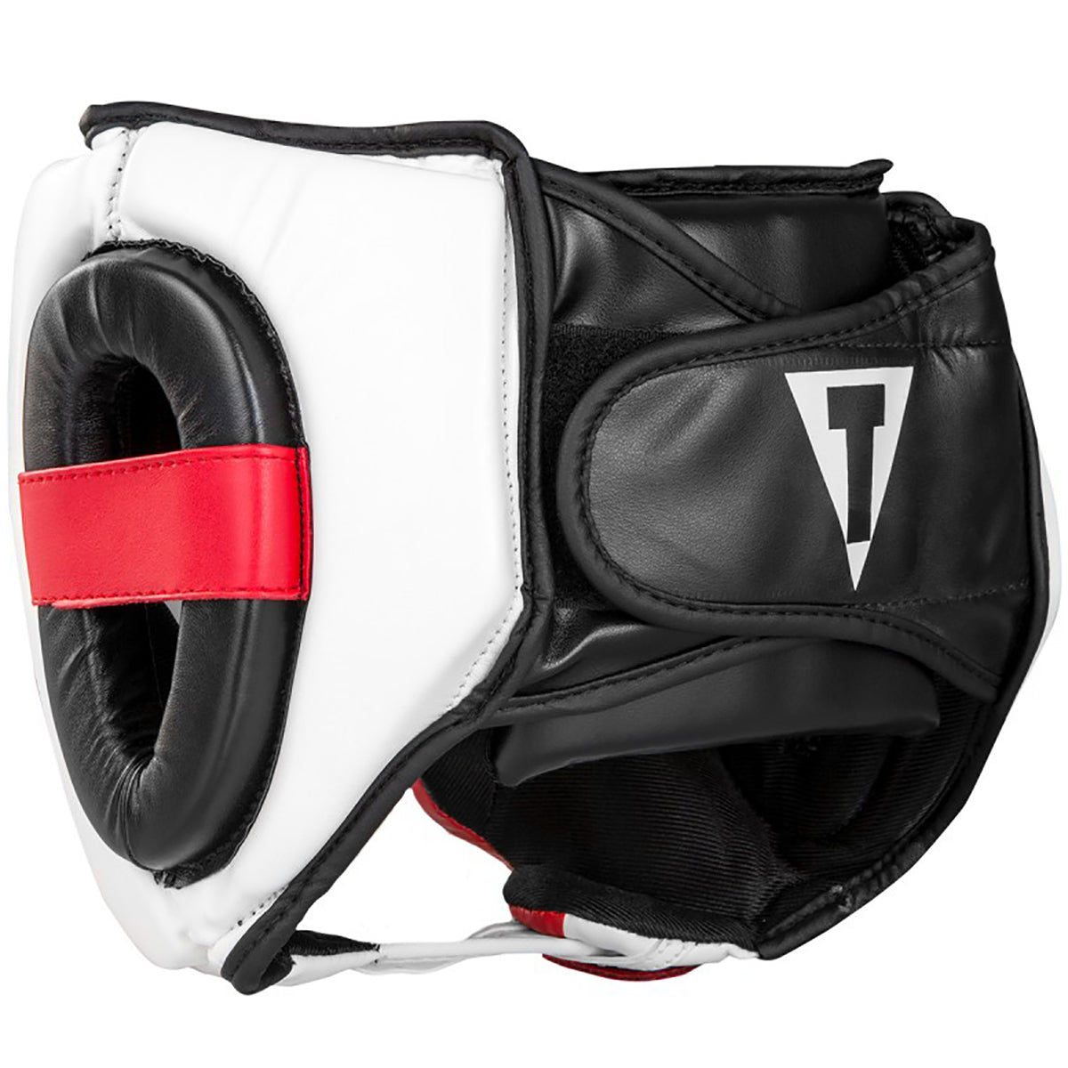 Black and white boxing headgear with red strap on a white background