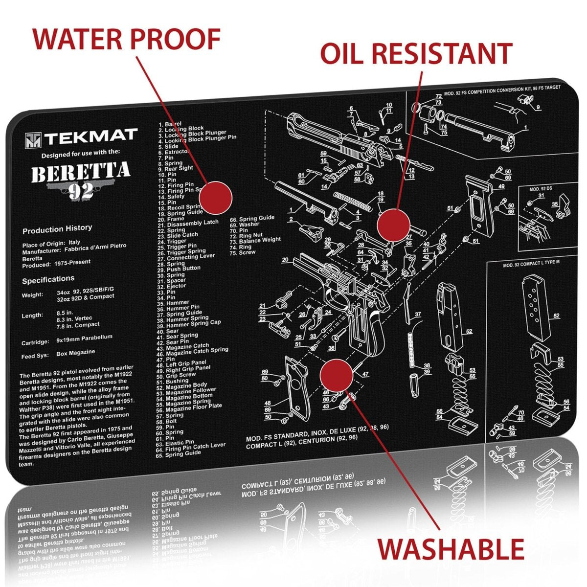 TekMat Original Gun Cleaning Mat - 17" X 11" - Beretta 92 - Forza Sports