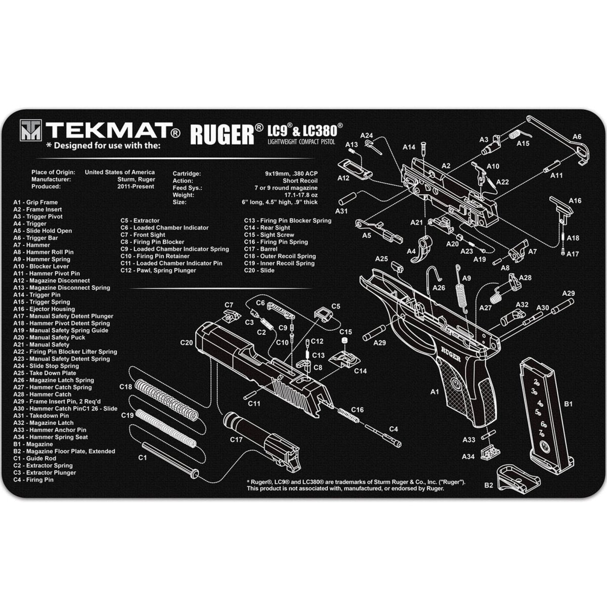 TekMat Original Gun Cleaning Mat - 17" X 11" - Ruger LC9™ - Forza Sports