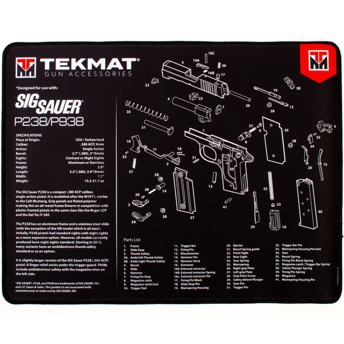 TekMat Ultra Premium Gun Cleaning Mat - 20" X 15" - Sig Sauer P238™ - Forza Sports