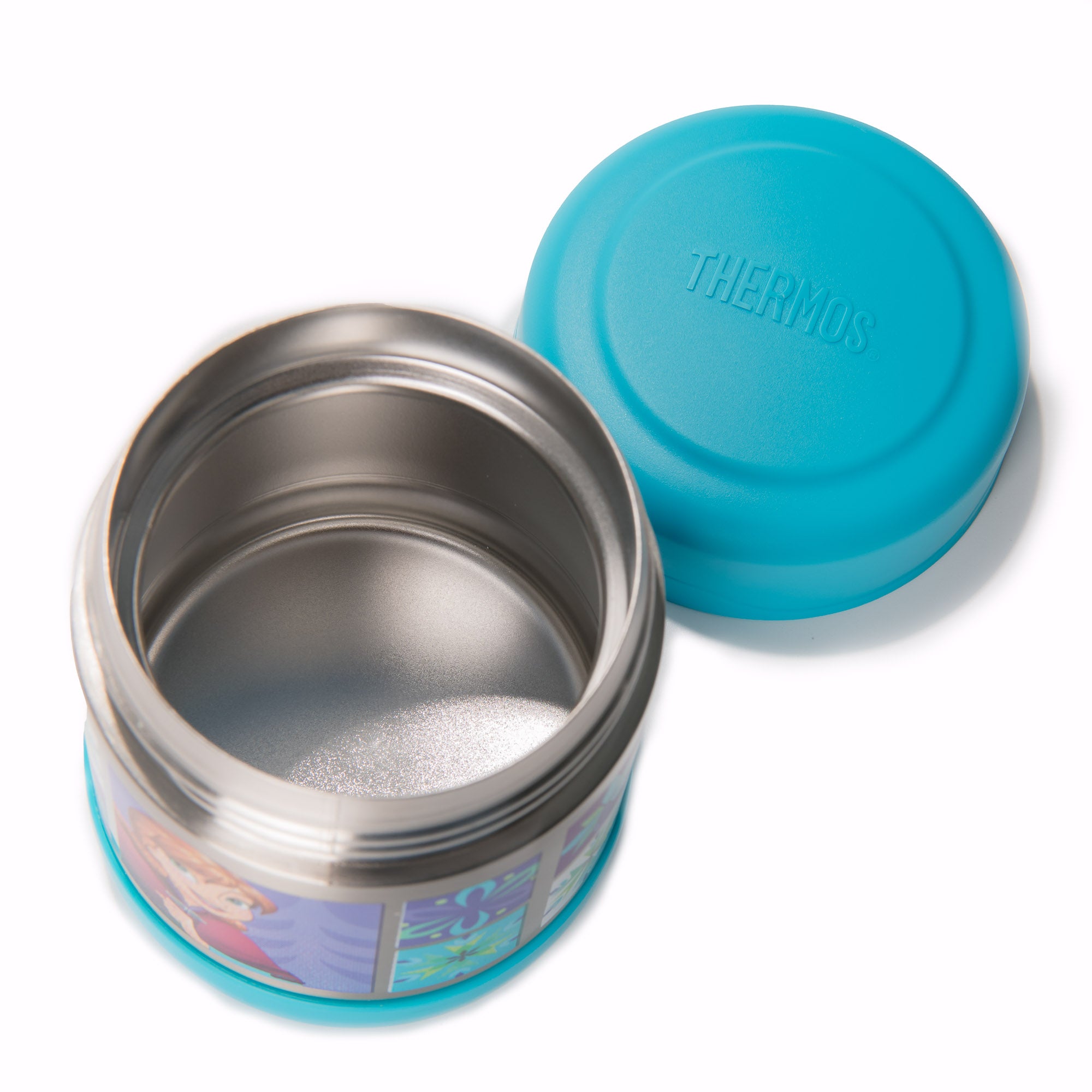 Thermos container with blue lid on a white background