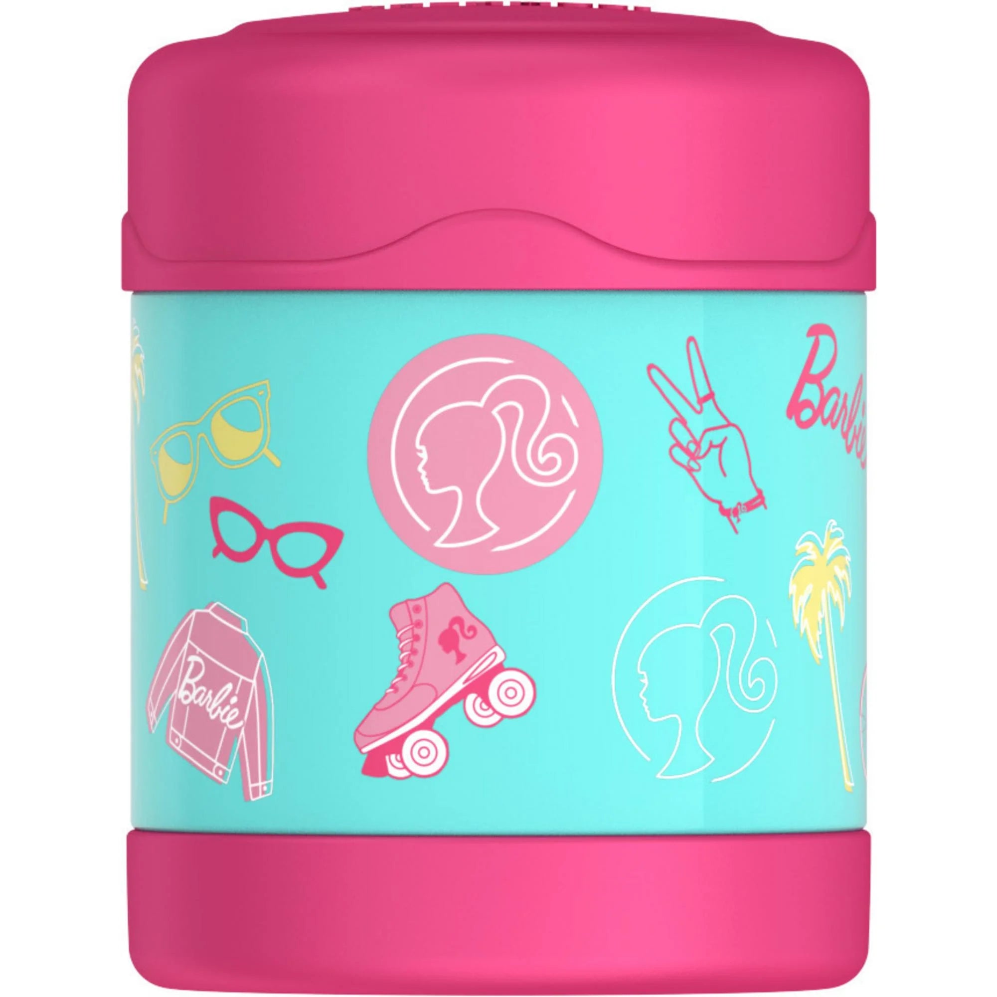 Barbie-themed food jar with pink lid and colorful graphics on a white background