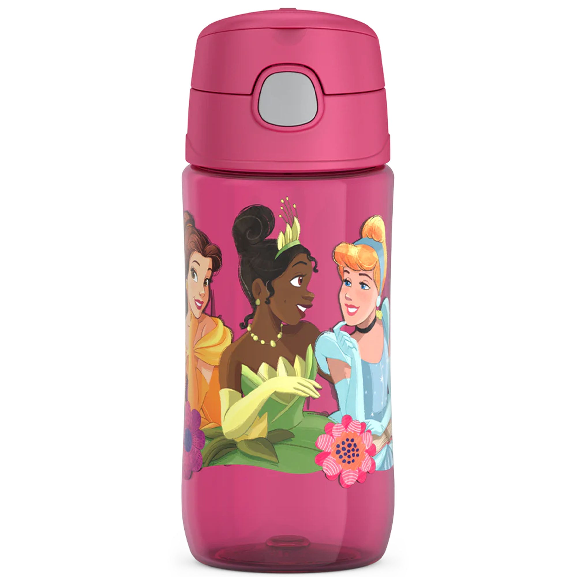 Pink water bottle with Disney Princess characters on a white background