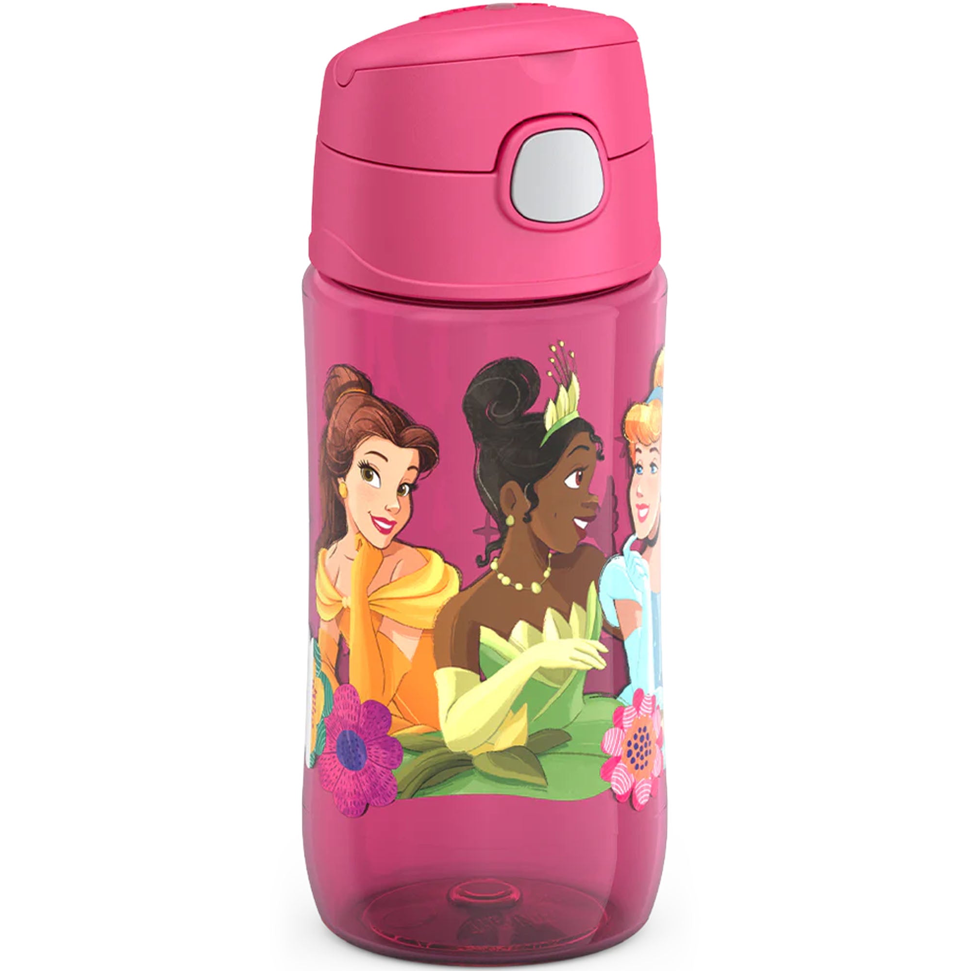 Pink water bottle with Disney Princess illustrations on a white background