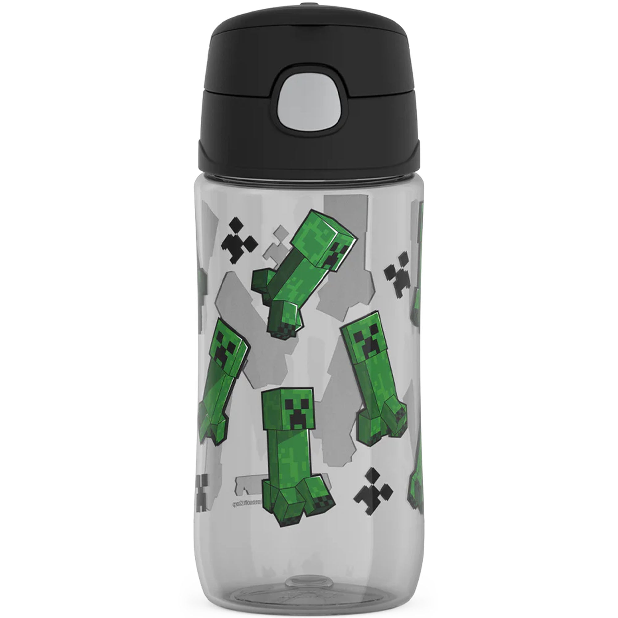 Clear water bottle with green character design on a white background