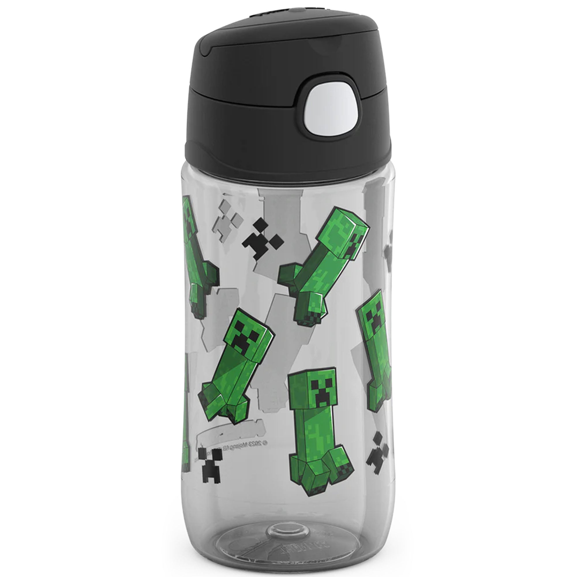 Clear water bottle with green character design on a white background