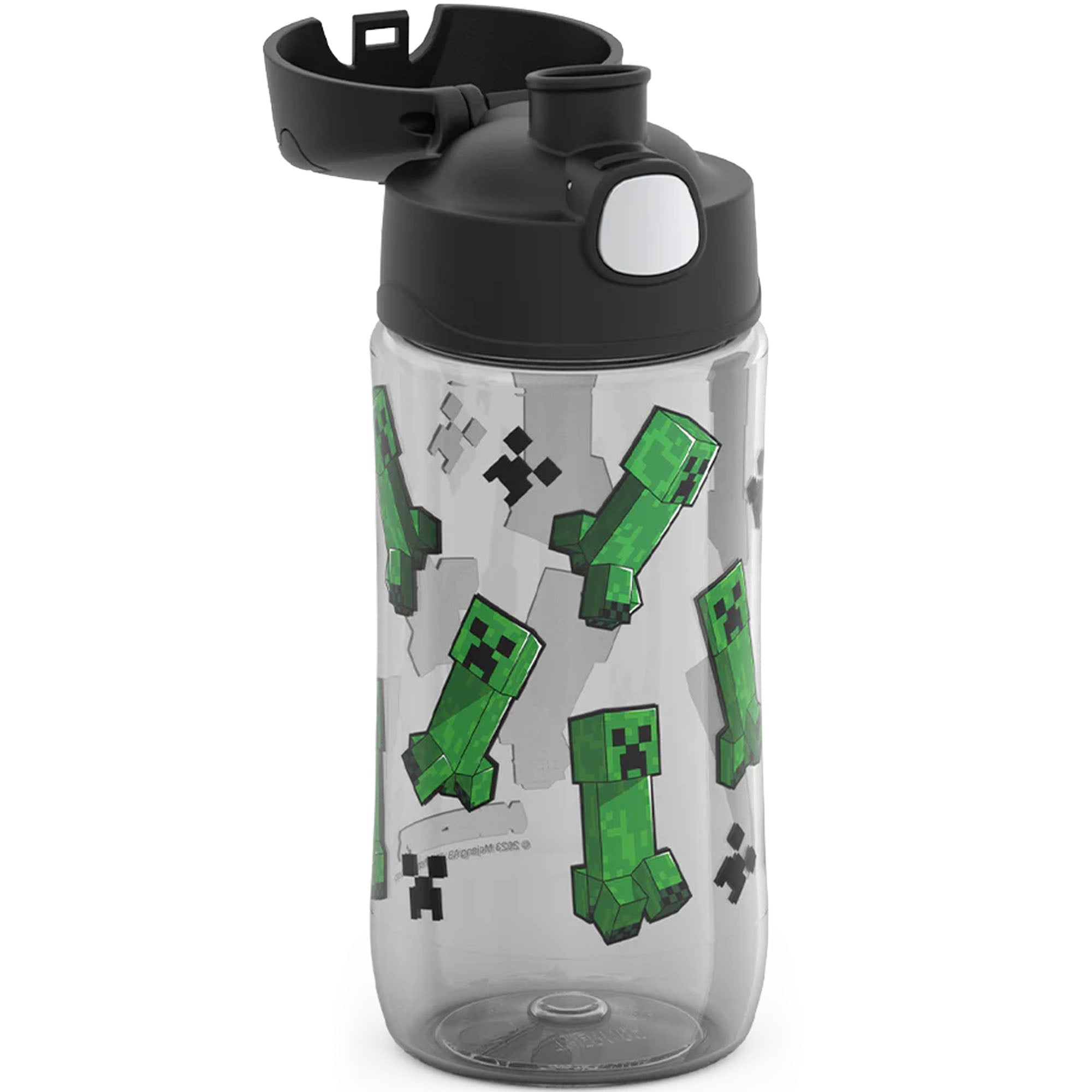 Clear water bottle with Minecraft Creeper design on a white background