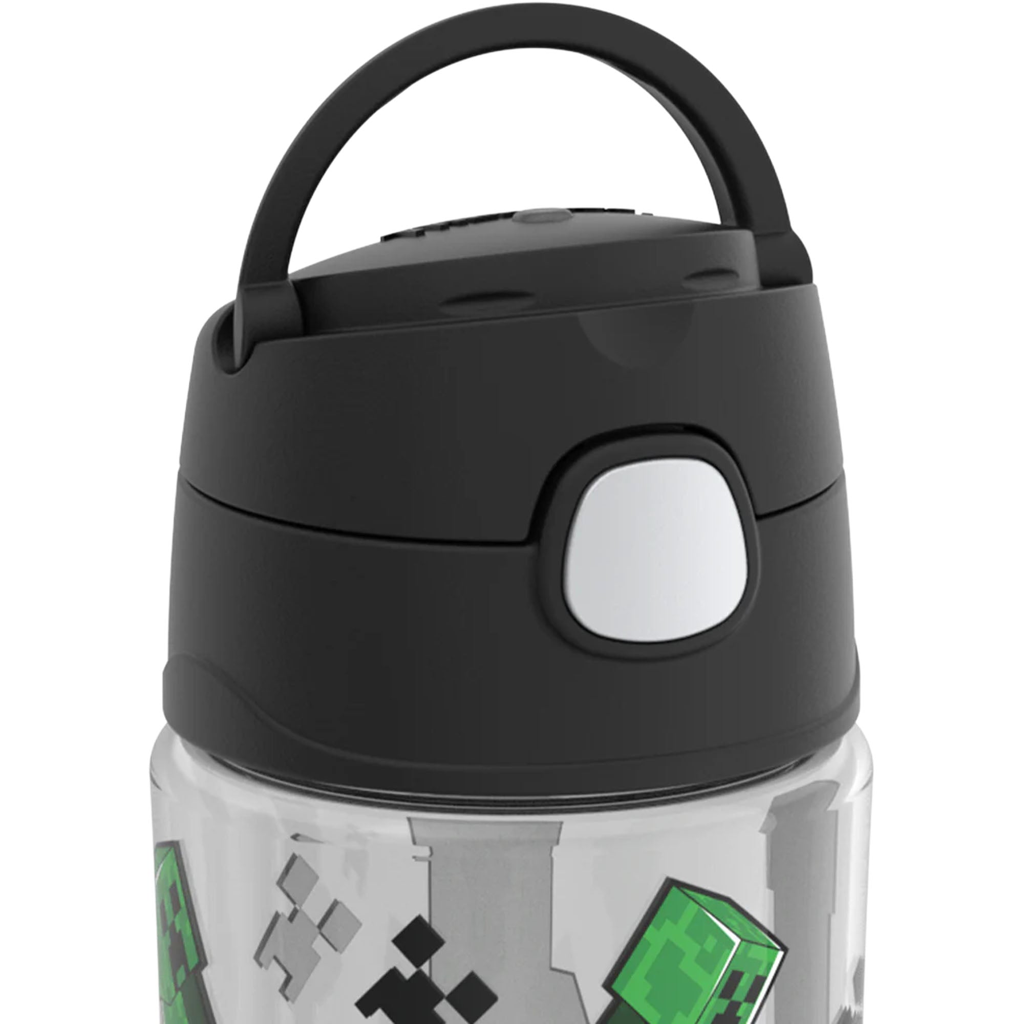 Black lid on a water bottle with Minecraft design