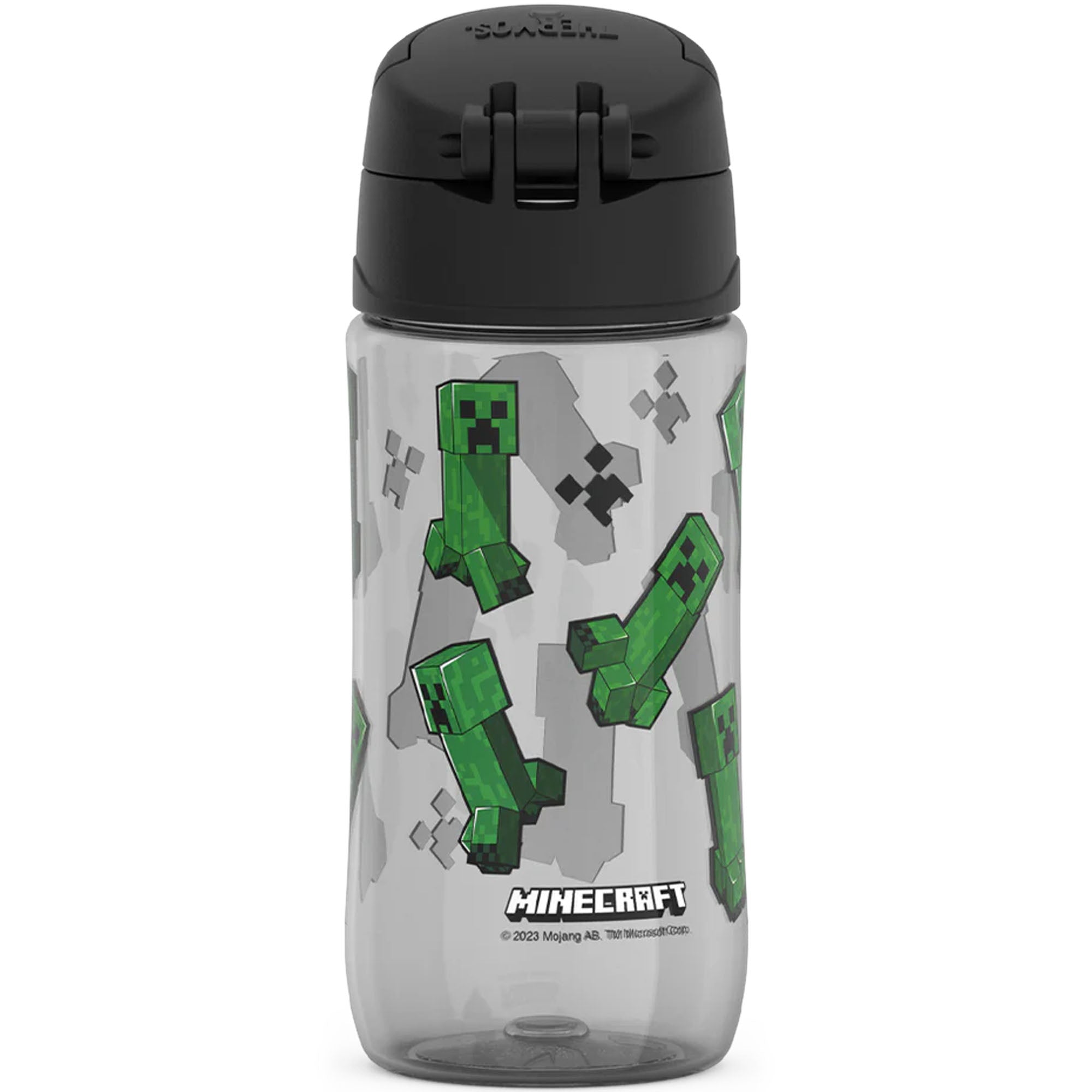 Minecraft-themed water bottle with green characters on a clear background